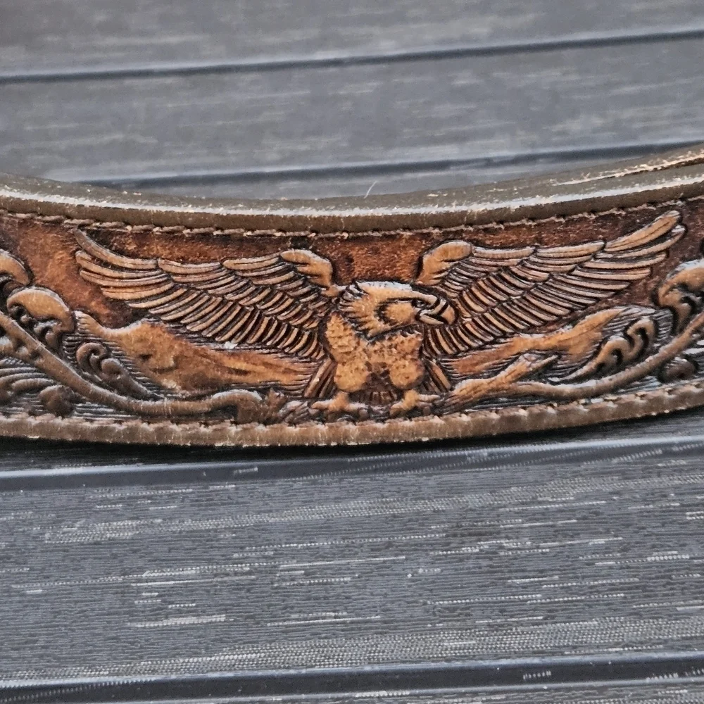 Chambers Top Grain Leather Hand Tooled Belt Eagle Mountains Brass Buckle USA 38
